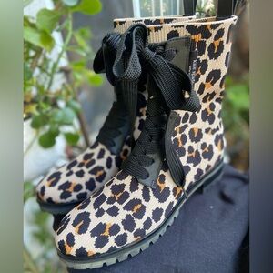 Kate Spade Leopard Print Lace-Up Combat Boots - Black/Tan. NEW